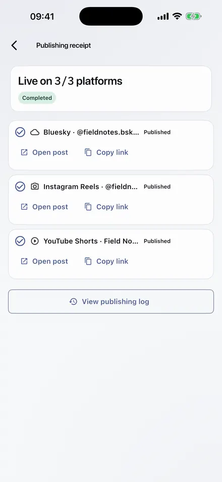 Publish receipt screen: all three platforms published, each row has its post link ready.