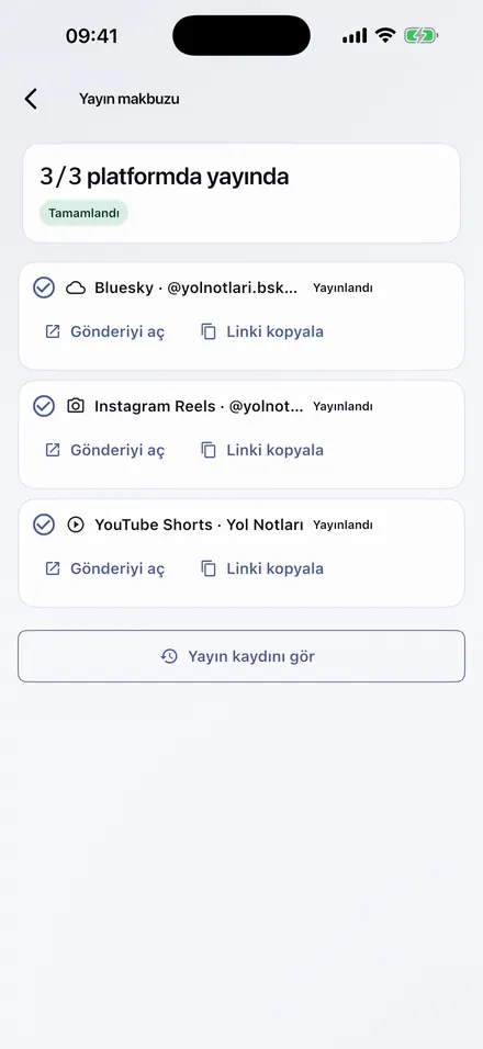 Yayın makbuzu ekranı: üç platformun üçünde de yayın tamamlandı, her satırda gönderi bağlantısı hazır.