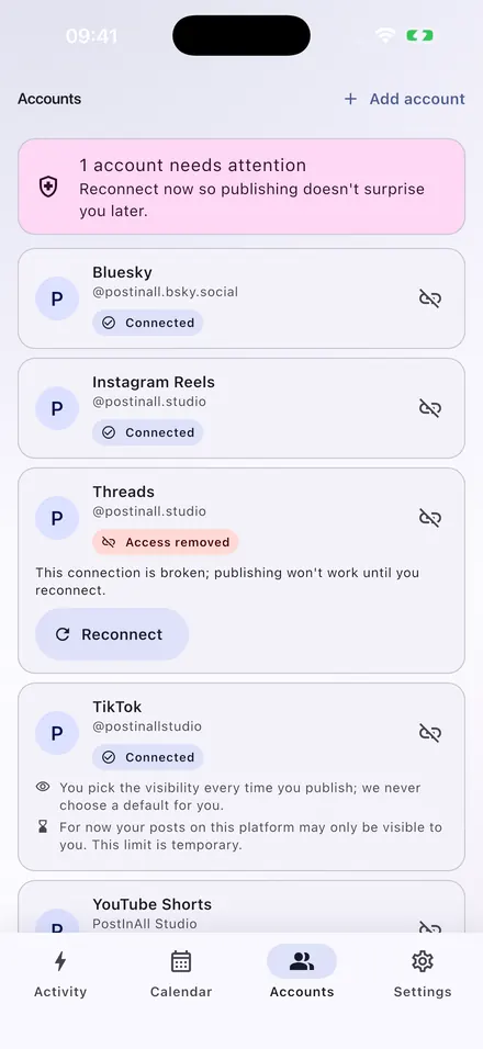 Connect accounts screen: three platforms connected, each with its requirements listed.