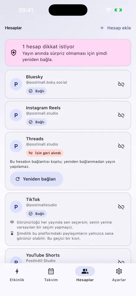 Hesapları bağla ekranı: üç platform bağlı, her birinin gereksinimleri yazılı.