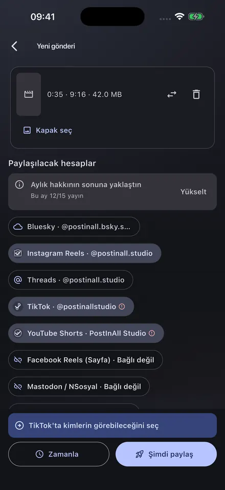 Yeni gönderi ekranı: bir video seçili, üç hedef hesap işaretli.