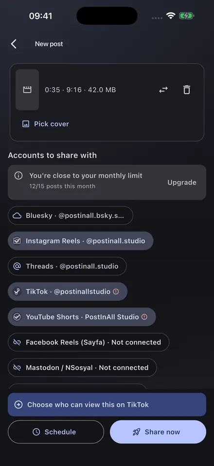 New post screen: one video selected, three target accounts ticked.
