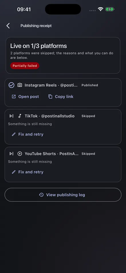 Publish receipt: Instagram is live with its link; TikTok and YouTube Shorts were skipped because something was still missing.