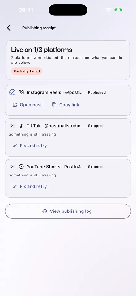 Top of the publish receipt: live on 1 of 3 platforms; the Instagram row is published with its link ready, and the skipped platforms are listed under it with their reasons.