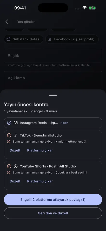 Yayın öncesi kontrol: bir platform hazır, iki platform zorunlu alan eksikliği nedeniyle engelli.