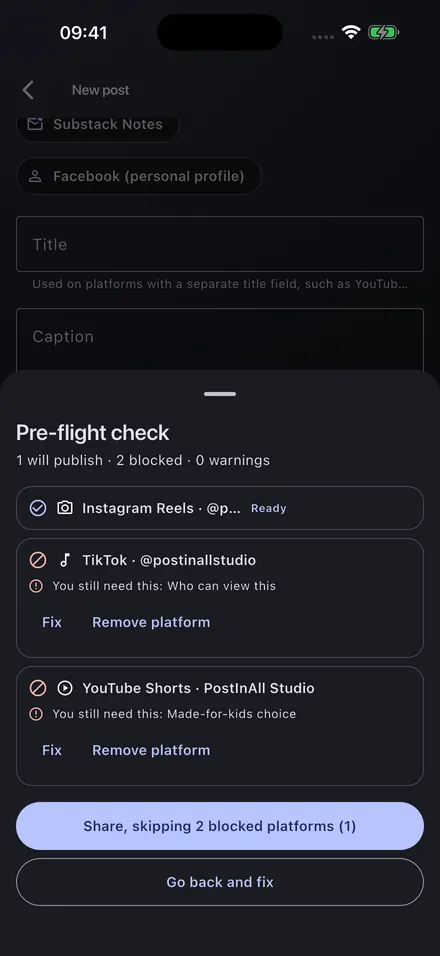 Pre-flight check: one platform ready, two blocked by missing required fields.
